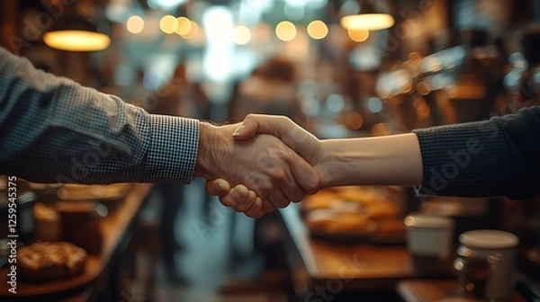 Fototapeta A handshake in a bustling coffee shop, framed by blurred motion of baristas and customers in the background, cups of steaming coffee and pastries on the table,