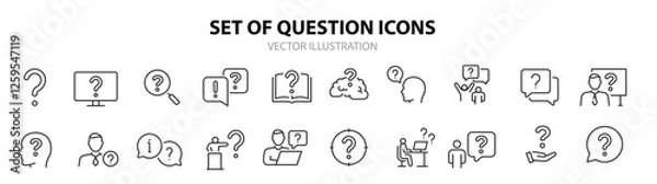 Fototapeta Question web icons in line style. Question mark, insecure person, confused, quiz question, collection. Vector illustration.