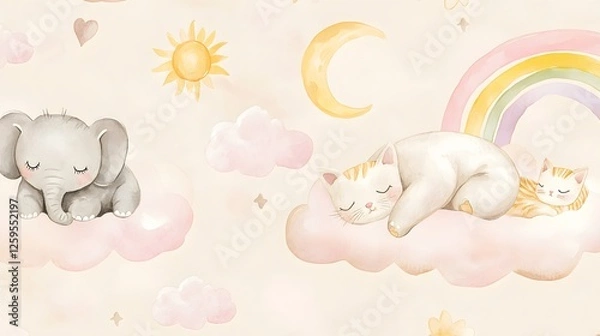 Fototapeta Dreamy watercolor illustration with sleeping animals on fluffy clouds
