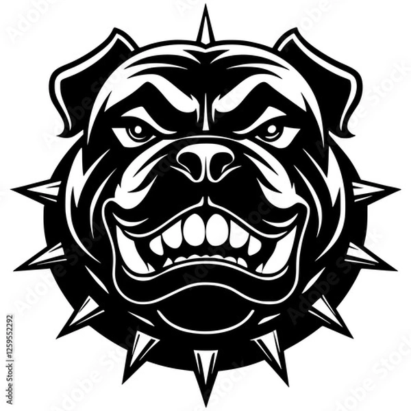 Obraz An aggressive bulldog head is in a striking bold black and white silhouette with a tough expression and spiked collar. Great for sports teams, esports branding, digital artwork, vector mascot