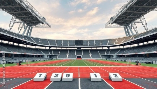 Fototapeta Empty Stadium Ready for the Race, Modern Architecture and Athletic Track