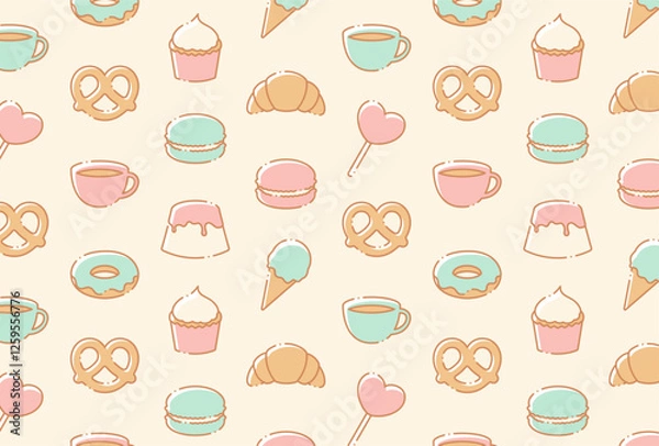 Fototapeta seamless pattern with a set of ice cream, sweets and tea