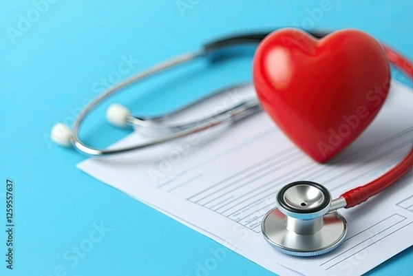 Fototapeta A red heart and stethoscope are placed on a medical form, symbolizing health care and wellness.