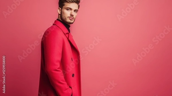 Obraz White man in red coat posing in winter setting