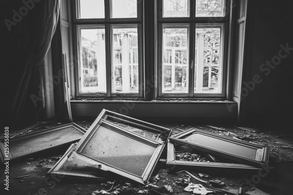 Fototapeta       A close up of a window with a broken frame and a broken mirror