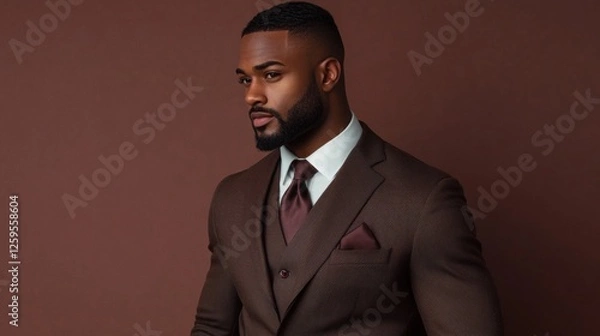Obraz Stylish American model in dark brown suit for wedding photoshoot