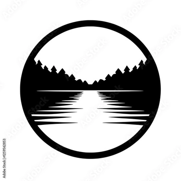 Fototapeta Serene Lake in Circle: A minimalist black and white illustration of a calm lake nestled between tranquil forests, enclosed in a circular frame, evoking a sense of peace and serenity. 