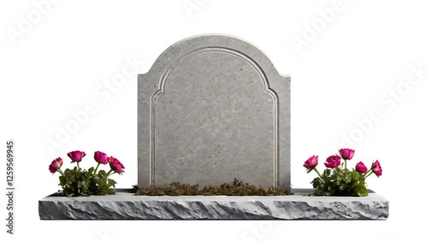 Obraz Blank Headstone Grave Memorial with Pink Flowers