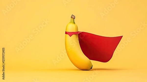 Fototapeta A vibrant yellow banana dressed as a superhero with a red cape against a bright yellow background