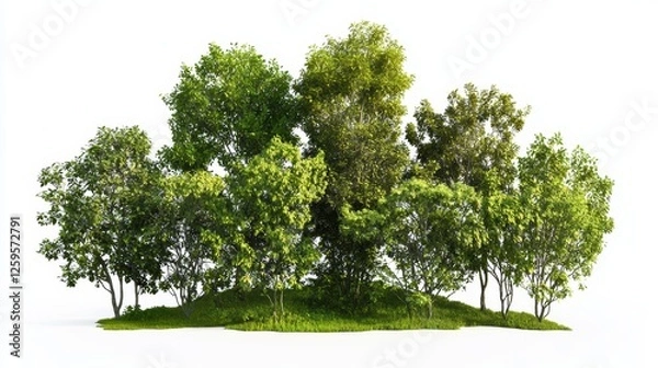 Fototapeta A cluster of lush green trees surrounded by grass, symbolizing nature and vitality in a serene environment.