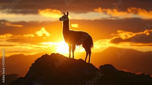 Fototapeta Llama standing on a rock with a sunset in the background
