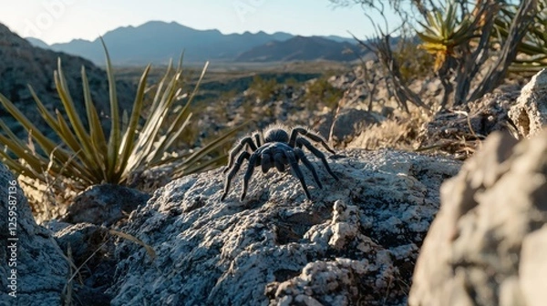 Fototapeta A close-up view of a tarantula on a rocky surface in a desert landscape during golden hour