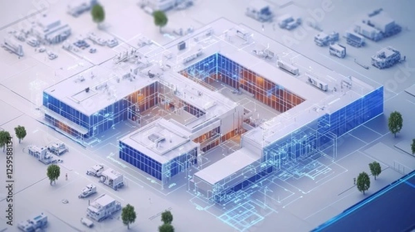 Fototapeta Digital hospital blueprint with business analytics overlayed, investment in medical infrastructure in realistic picture.