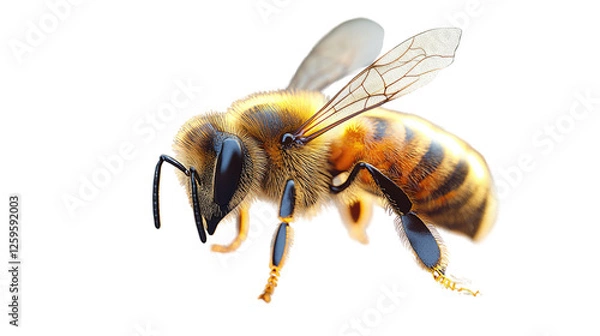 Fototapeta Honeybee in Flight: A close-up shot of a honeybee in mid-flight, showcasing its intricate anatomy and delicate wings. The image highlights the beauty and importance of this essential pollinator.