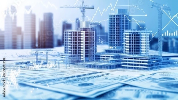 Fototapeta Hospital construction project blueprint with labeled investment costs and projected growth, real estate and healthcare expansion in realistic picture.