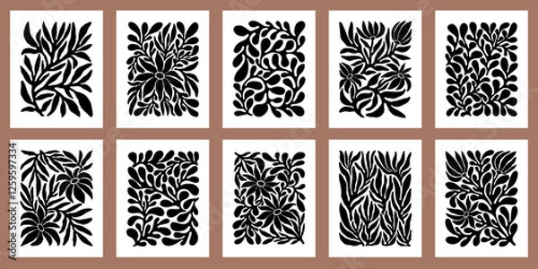 Fototapeta Contemporary Matisse inspired art background vector. Abstract botanical hand drawn posters design with flowers, leaves and branches. Simple modern style illustrated design for print, cover and card.