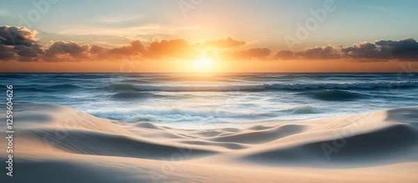 Fototapeta A deserted beach with soft sand dunes gentle waves and a vibrant sky