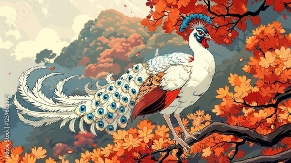 Fototapeta A colorful peacock perched on a branch amidst vibrant autumn foliage.