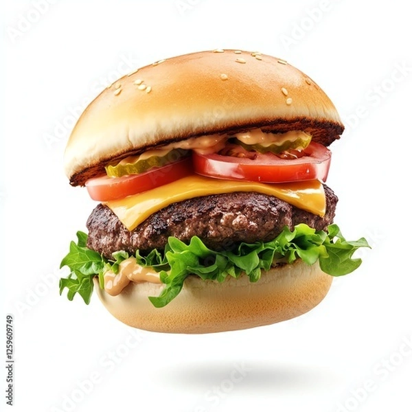 Fototapeta Ultra-realistic juicy beef burger with tiger bun floating on white background. Perfect for ads, menus, and food promo. Isolated, high detail, commercial use