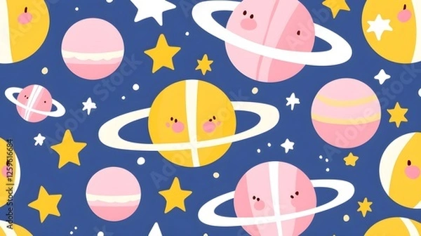 Fototapeta Cute Cartoon Planets and Stars Pattern with Whimsical Background