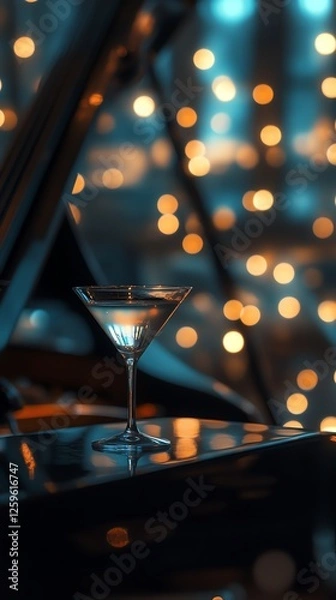 Obraz Elegant jazz evening in a luxurious restaurant with soft blue lighting. A martini glass in focus, while a double bass and piano blur beautifully in the bokeh background. Sophisticated 8K ambiance