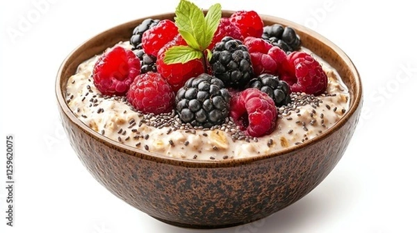 Fototapeta A bowl of overnight oats topped with chia seeds and fresh berries, placed on a bright white background, Generative AI