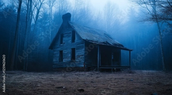 Fototapeta cinematic photograph of an old, wooden house in the middle of a winter forest at night, with dark blue tones, cold lighting, a sense of horror, and hazy fog and mist