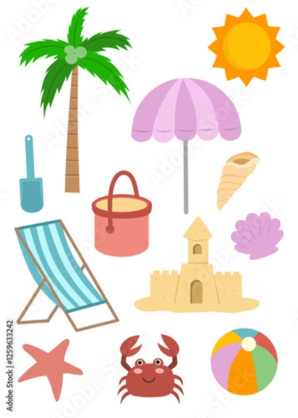Fototapeta Set of summer elements, beach elements cartoon collection, beach, things on the beac, objects found on the beach 