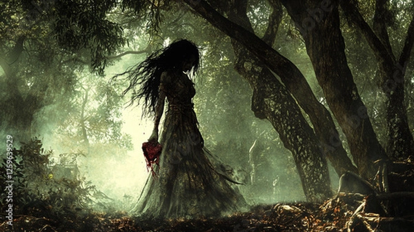 Fototapeta Lady ghostly woman scary horror grotesque monster evil devil female spirit standing in the middle of the woods forest dark dangerous mood asian folklore