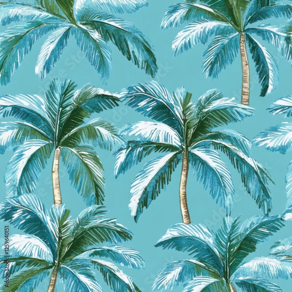 Fototapeta palm tree pattern, seamless design, tropical print, white background, green foliage, botanical pattern, nature-inspired, exotic leaves, summer theme, vector illustration, minimalist tropical