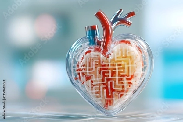 Fototapeta A human heart with a maze pattern inside, in colorful ink on a blur background