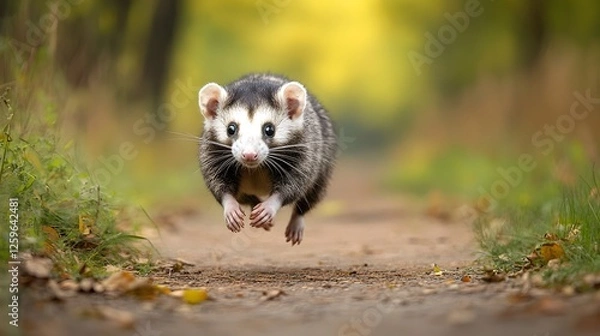 Fototapeta Opossum with a white spot on its face running down a dirt road