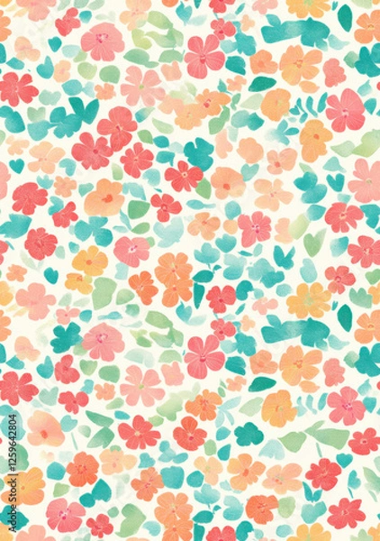 Fototapeta Tropical pattern in pastel colours of pink, blue, green and orange with a white background, seamless pattern. 