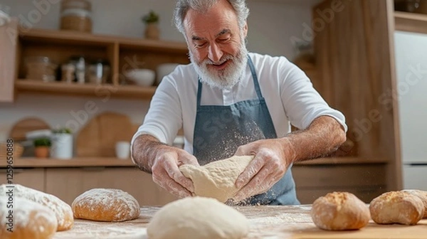 Fototapeta Senior baker with gray beard kneading dough in rustic kitchen, surrounded by freshly baked bread, wearing apron, enjoying baking process