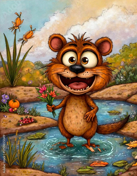 Obraz Joyful nutria holding flowers in colorful wetland, whimsical charm
