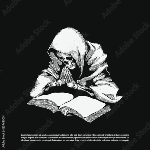 Fototapeta Vintage dark art skeleton wearing cloak reading a book vector isolated on black background