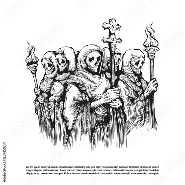 Obraz Vintage dark art group of skeleton figures dressed in hooded robes, each skeleton holding torch and cross staff. satanic cult vector illustration