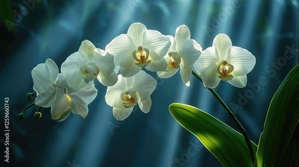Obraz Elegant white orchids illuminated by soft rays of light in a serene, tranquil environment