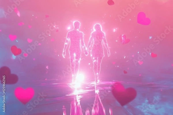 Obraz Two figures holding hands, glowing with a soft pink light, surrounded by floating hearts and petals.