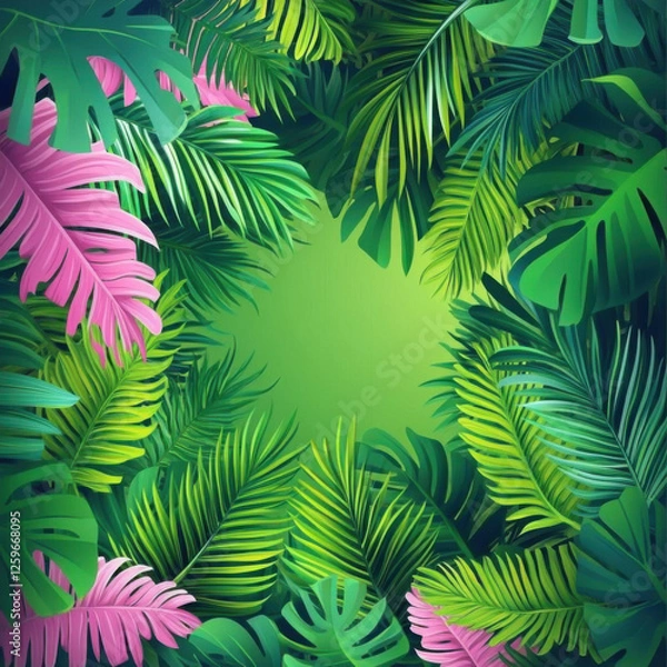 Fototapeta leaves pattern summer vector flyer jungle, green and pink