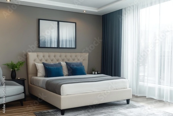 Fototapeta Modern bedroom with gray and blue accents, elegant bed frame with beige headboard, wooden flooring, light gray armchair, and soft lighting from sheer curtains.