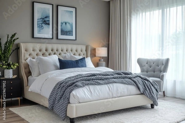 Fototapeta Modern bedroom with gray and blue accents, elegant bed frame with beige headboard, wooden flooring, light gray armchair, and soft lighting from sheer curtains.
