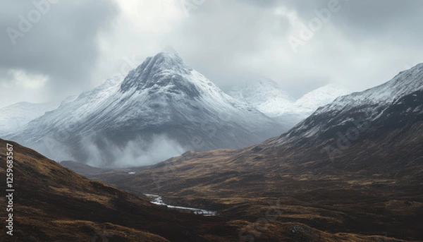 Fototapeta Majestic snow capped mountains rise above misty valley, showcasing beauty of highland landscapes. dramatic scenery evokes sense of tranquility and awe