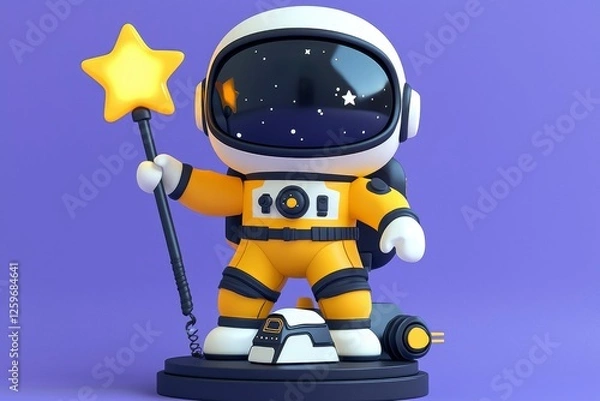 Fototapeta Adorable 3D Render of a Cute Astronaut Holding a Star Wand