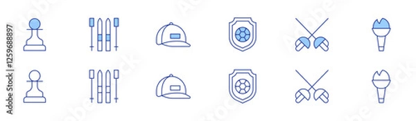 Fototapeta Sports icon set in two styles, Duotone and Thin Line style. Editable stroke. pawn, skis, cap, soccer, fencing, torch