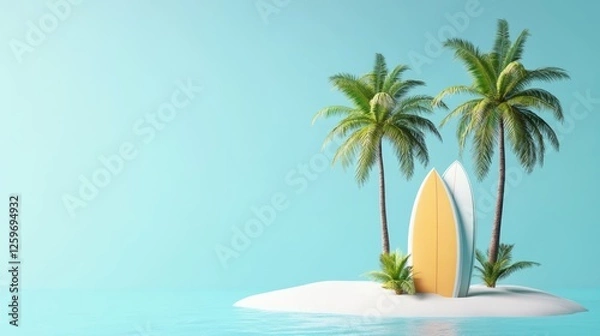 Fototapeta Tropical Paradise with Surfboards on a Tiny Island
