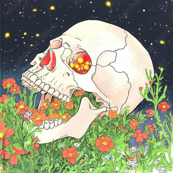 Fototapeta A grinning skull adorned with vivid orange and red flowers emerges from a bed of wild blossoms under the starry night sky. The bone structure, tinged with hues of pale blue and soft beige, appears alm