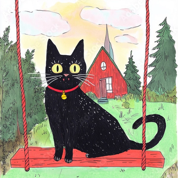 Fototapeta A mischievous black cat with bright golden eyes sits comfortably on a red wooden swing, its tail curling playfully. The cat wears a deep red collar with a small golden bell, matching the crimson hues
