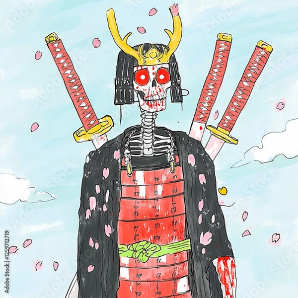 Fototapeta A skeletal samurai clad in rich red and deep black armor stands poised with twin swords, their golden hilts gleaming under the blood-red sky. His hollow eyes glow faintly beneath an ornate, golden-hor