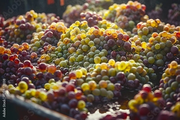 Fototapeta Vineyard harvest sunlit grapes in bin, winery background